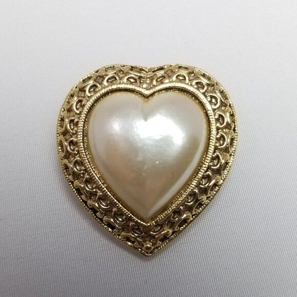 Vintage Heart Shape Brooch, Faux Pearl Gold Tone Setting, Sweetheart Lapel Pin - Picture 2 of 5